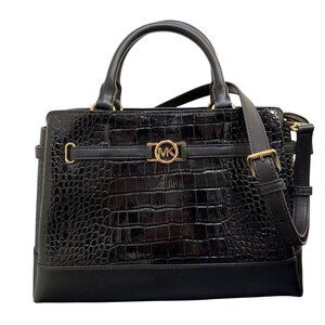 Michael Kors Black Croc-Embossed Satchel With Gold Hardware